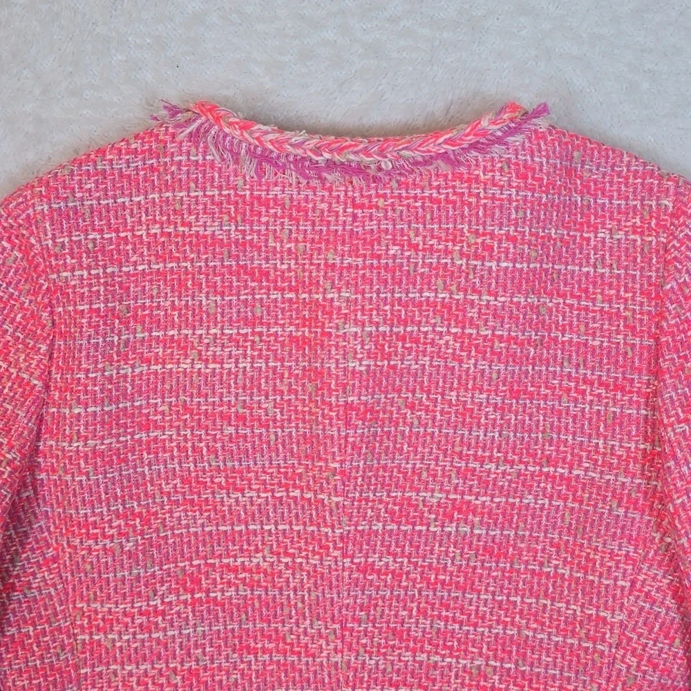 J.Crew Hot Pink Barbiecore Cotton Jacket Tweed Peplum Fringe Blazer Sz. 10